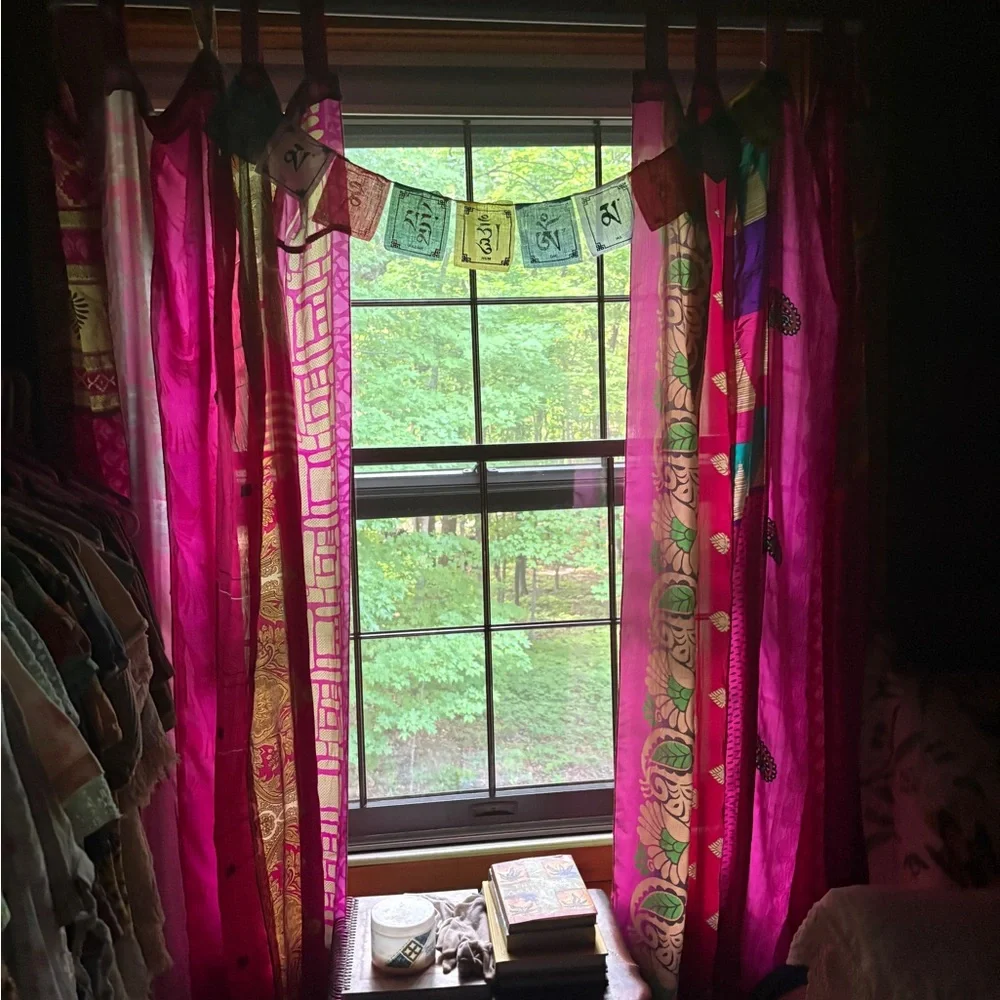 Boho Green Patchwork Curtain Panel - Home Accents Indian Sari Gypsy decor